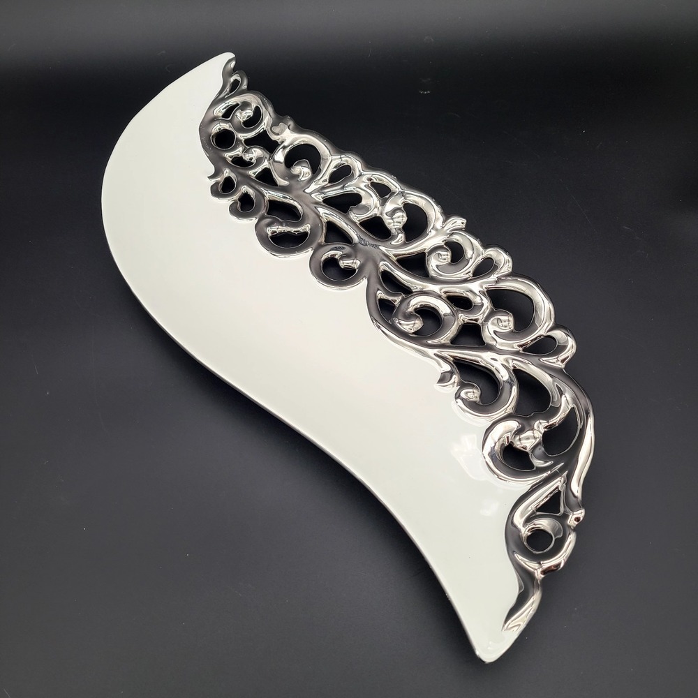 222 Fifth Heritage Leaf-Shaped Serving Platter – White with Metallic Scrollwork